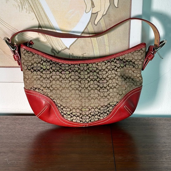 Coach Handbags - Vintage Y2K Coach Jacquard & Leather Small Logo Mini Bag Tan & Burnt Red